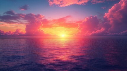 Obraz premium Vibrant Sunrise Over Calm Ocean Reflecting Pink Clouds and Golden Sunlight