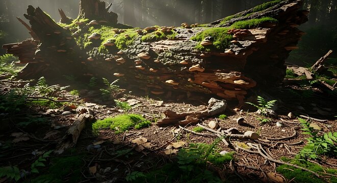 A large log covered in mushrooms and moss in a forest