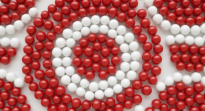 Vibrant red and white spherical candies arranged in a mesmerizing concentric circle pattern, creating a cheerful and graphic sweet background