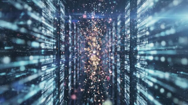 Abstract digital data center server corridor tunnel with glowing particle stream and flow explosion. Big cloud computing network infrastructure and ai processing technology for modern systems