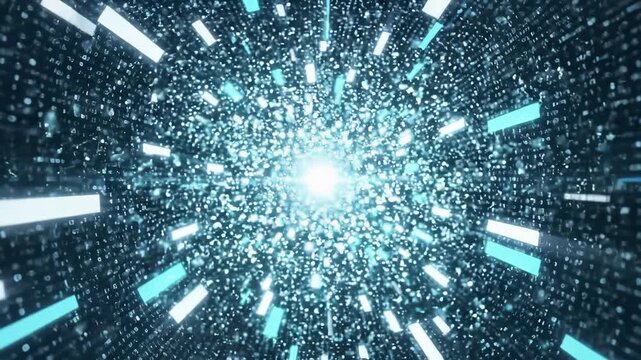 Digital binary data tunnel vortex with glowing particle explosion and radial light burst. Abstract cyber technology background for big processing ai computing and speed internet network transmission