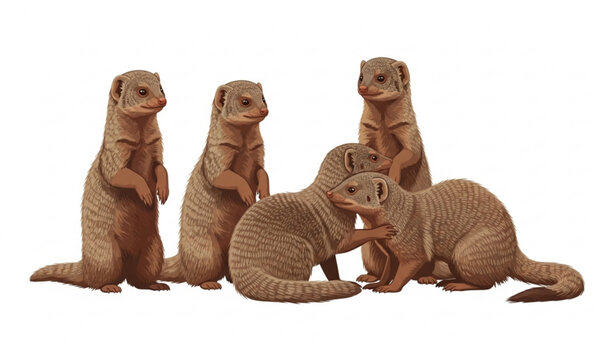 Group of common dwarf mongooses standing alert in social sentinel behavior vector illustration on white background