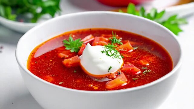 Traditional Ukrainian and Russian Borscht Soup with Sour Cream and Dill