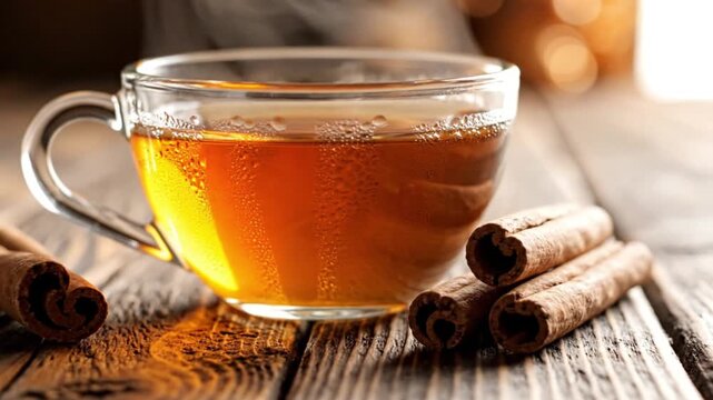 Warm cinnamon tea in glass cup.