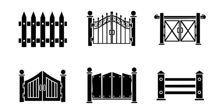 Various metal gates and fences are shown in a collection of illustrations.