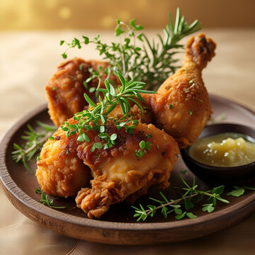 Fried chicken tabaka with fresh herbs garnished