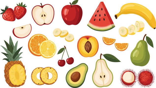 Fresh Tropical and Garden Fruit Vector Icon Set Featuring Apple, Banana, Watermelon, Pineapple, Avocado, Strawberry, Orange, and Pear for Food Design