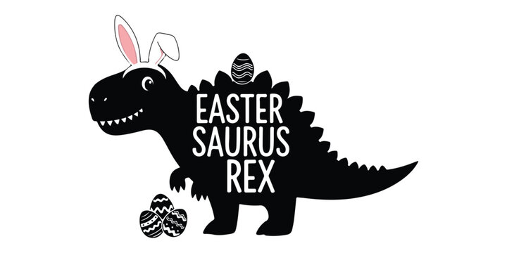 Funny easter saurus rex dinosaur with bunny ears and decorated eggs, holiday graphic illustration, terrible lizard