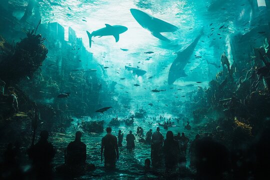 Underwater world inhabited by people and mythical creatures in a submerged cityscape