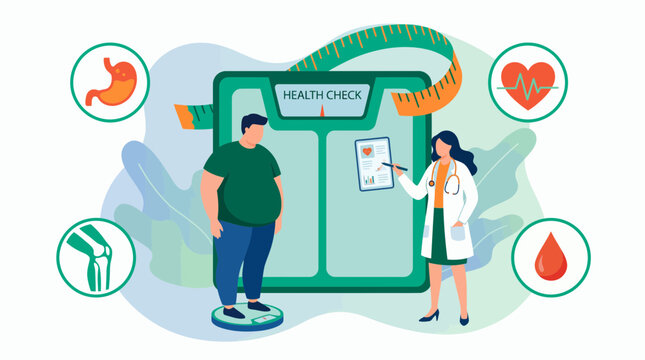 Overweight office manager on scale while female consultant explains medical checkup results, concept for obesity treatment, workplace health insurance and corporate wellness counseling
