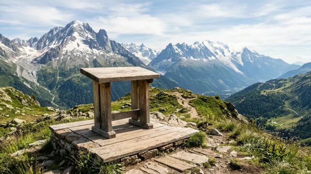 Wooden resting bench on a scenic mountain peak overlooking a valley and snowy peaks