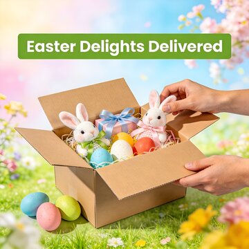 Easter delivery box with cute plush bunnies, gift and colorful eggs in garden