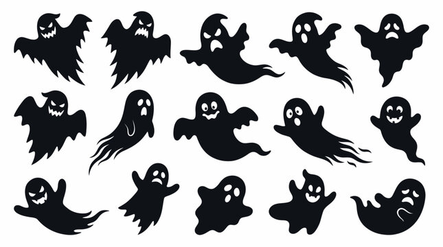 Collection of flying ghost silhouettes with various facial expressions and spooky characters isolated on white, concept for halloween decoration, graphic design and party invitations