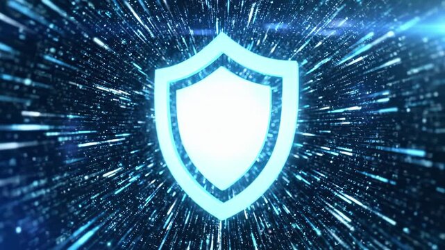 Glowing digital security shield with radial particle data stream burst on abstract background. Cybersecurity protection and network defense system for privacy encryption and it infrastructure safety