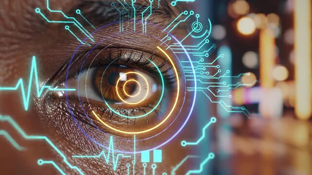 human eye with digital biometric retina scan overlay circuit board pattern. Ai iris recognition and identity authentication technology. advanced cybersecurity access control and surveillance systems