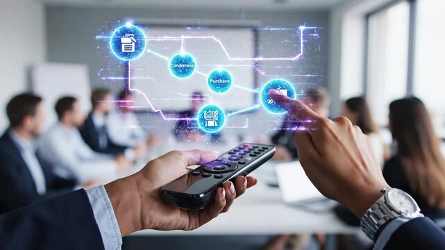 Businessman using smartphone with interactive digital u i overlay in office meeting interactive ui digital overlay