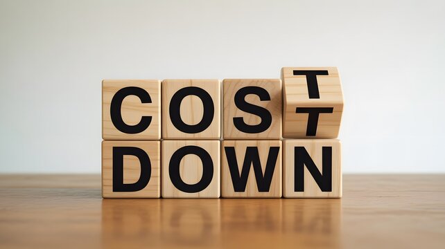 Wooden blocks spelling COST DOWN with a tilted T block symbolizing reduction strategies