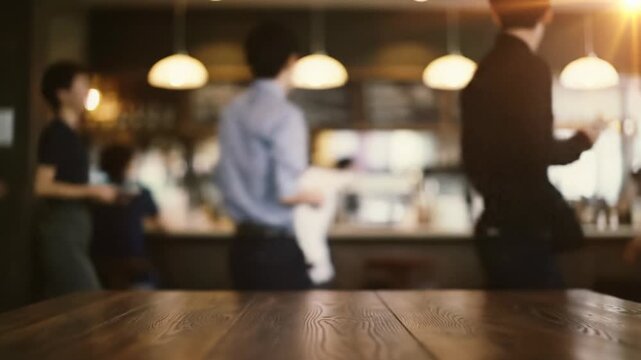 Smooth cinematic dolly video pushing into a clean, richly textured dark brown wooden table. Blurred cozy coffee shop, indistinct business-casual people, warm diffused light, sun flare. Concept for