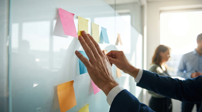 Creative brainstorming with colorful sticky notes on glass wall shows hands organizing ideas in bright office environment with people working in background