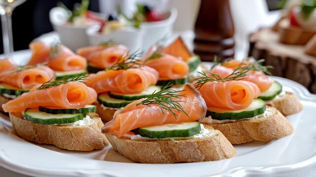 Smoked salmon canap&eacute;s with cucumber, cream cheese, and fresh dill