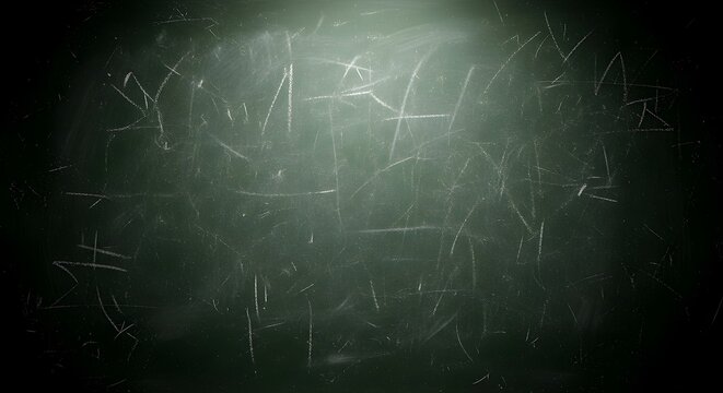 A worn dark green chalkboard surface filled with scratches and smudges, offering a textured background for educational or creative purposes.