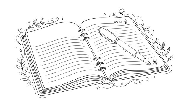 beautiful black and white line art of a open notebook with pen on it on white background