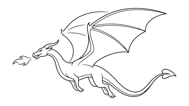 vector illustration of a dragon line art, simple silhouette of a flame breathing dragon on white background