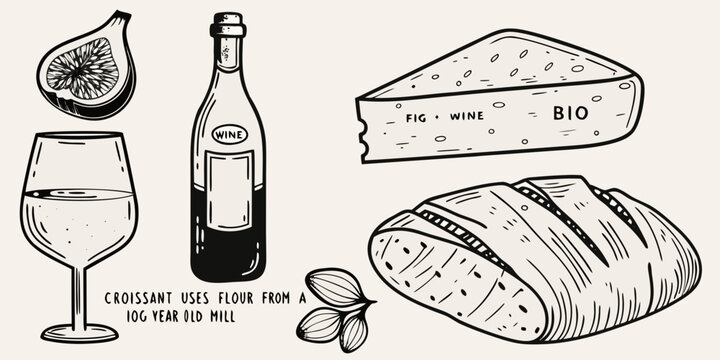 A sketched still life featuring wine cheese figs and baked goods