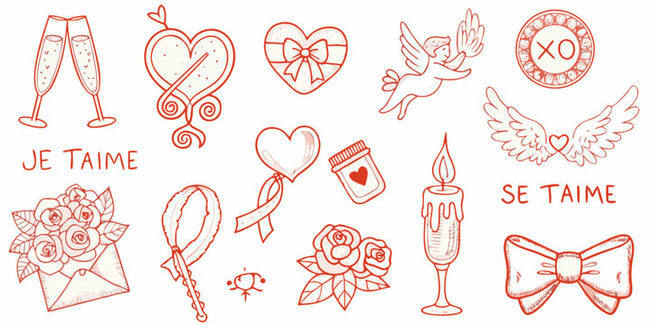 Hand drawn valentine s day doodles featuring hearts champagne and love symbols