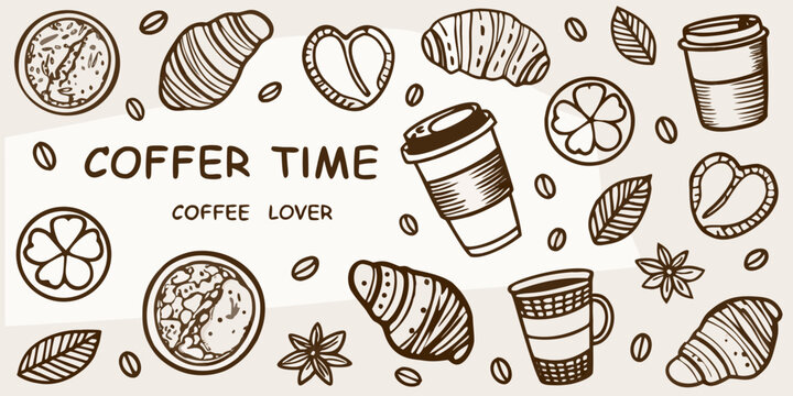 A charming doodle illustration of coffee pastries and to go cups