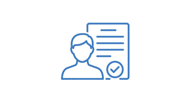 A blue line icon depicting a person s head with a document and checkmark high quality professional