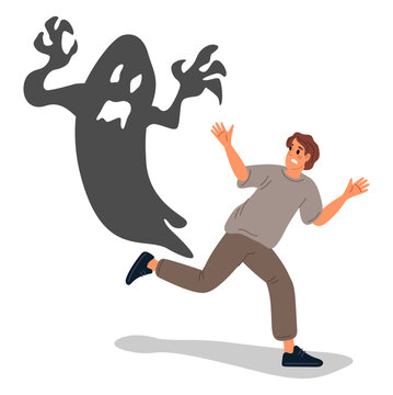 Young man experiences attack of fear or panic. Anxiety guy runs away from monster in fear. Mental problem. Afraid of shadow. Person escaping from phantom. Scary boogeyman. Vector concept