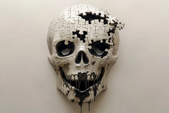 Melting puzzle skull with dripping pieces resembling flowing water