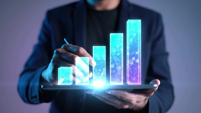 Business executive holding tablet with glowing crystal bar chart rising upward in increasing sequence. Financial growth analytics and investment performance data visualization for market trend