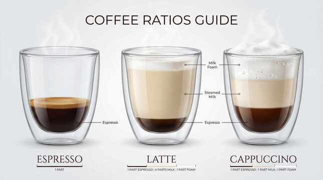 Coffee ratios explain drink differences clearly. Coffee guide compares espresso, latte, cappuccino with labeled espresso, milk, foam layers for barista training, cafe menu education, beverage poster