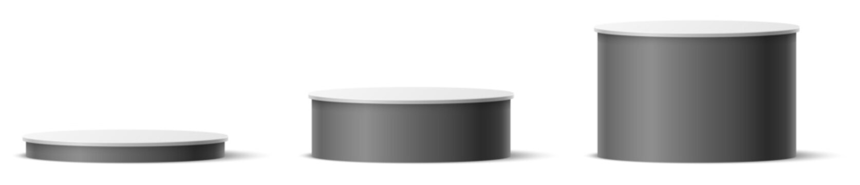 Realistic gray round podiums in various sizes. 3D pedestals for displaying goods. Product presentation base with shadow. Showcase scene. Cylinder stp stage. Vector set of cylindrical stands