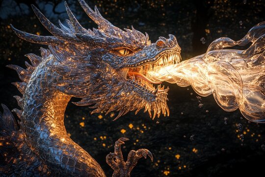 Majestic dragon illuminates the night sky with waves of light, transforming darkness into radiant day