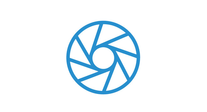 A vibrant blue circular design resembling a camera aperture or iris is shown high quality professional