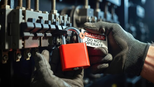 A worker in protective gloves is applying a safety lockout tag to industrial machinery in a factory, emphasizing the importance of workplace safety and hazardous equipment management.