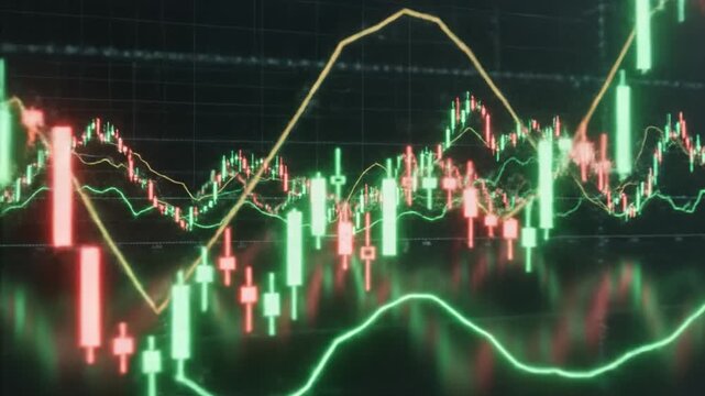 Stock market chart candlestick green and red bar financial graph trading investment analysis digital screen volatility economic data technology finance business growth risk trend lines up down