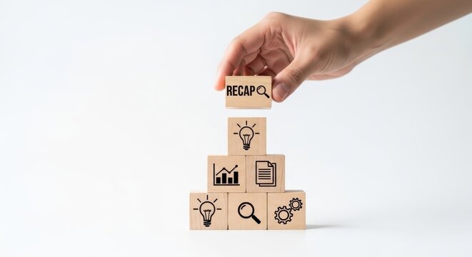 Conceptual business recap concept with wooden blocks isolated on transparent background