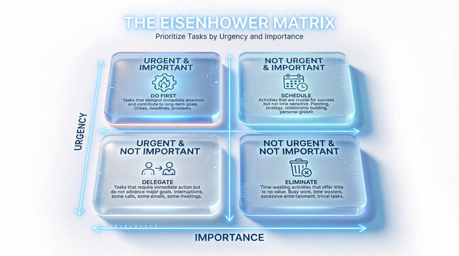 Eisenhower matrix infographic sorts tasks. Matrix graphic maps urgent important, schedule, delegate, eliminate quadrants for productivity coaching, time management training, planning content