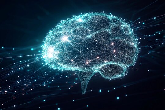 Streaming data flows into a luminous AI brain illuminating the digital landscape