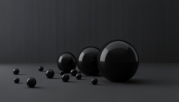 Black Shiny Spheres of Varying Sizes on a Dark Background