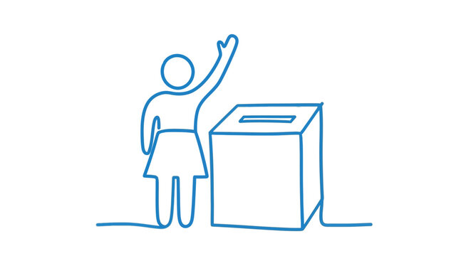 A simple blue line drawing depicts a person voting at a ballot box high quality professional