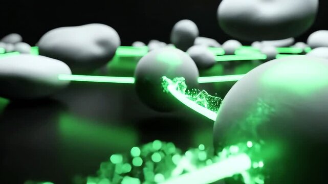 Scientific visualization of molecular bonds with glowing green lasers and atomic structures in darkness where bioengineering particles connect. Innovation of microscopic science atmosphere