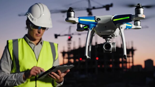 Construction engineer in safety vest and hardhat operating camera drone with tablet at building site with cranes at dusk. Uav aerial inspection and surveying technology for smart monitoring project