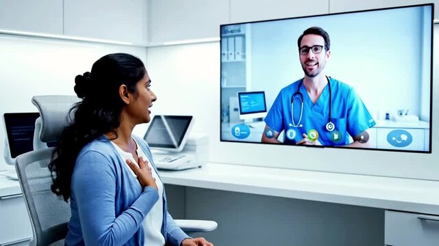 Female patient talking with male doctor through large computer monitor where professional healthcare advice provides remote help for women. Modern efficiency of telecommunication in medical services