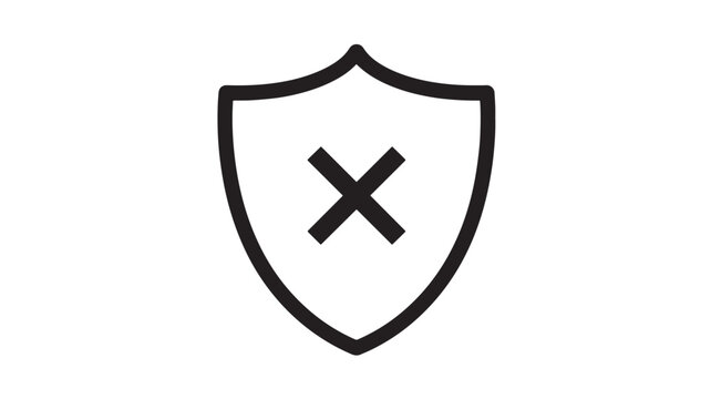 Shield icon with a black cross inside, symbolizing protection, security, and invalidity in simple graphic design.