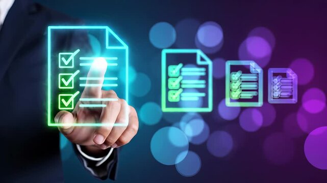 Business professional touching digital checklist document with green checkmarks and icons. task management and compliance verification workflow for paperless audit quality control and approval